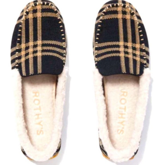 ROTHY’S The Slippers Wool Sherpa Black and Camel Plaid Size 8 NWOB - Picture 3 of 11